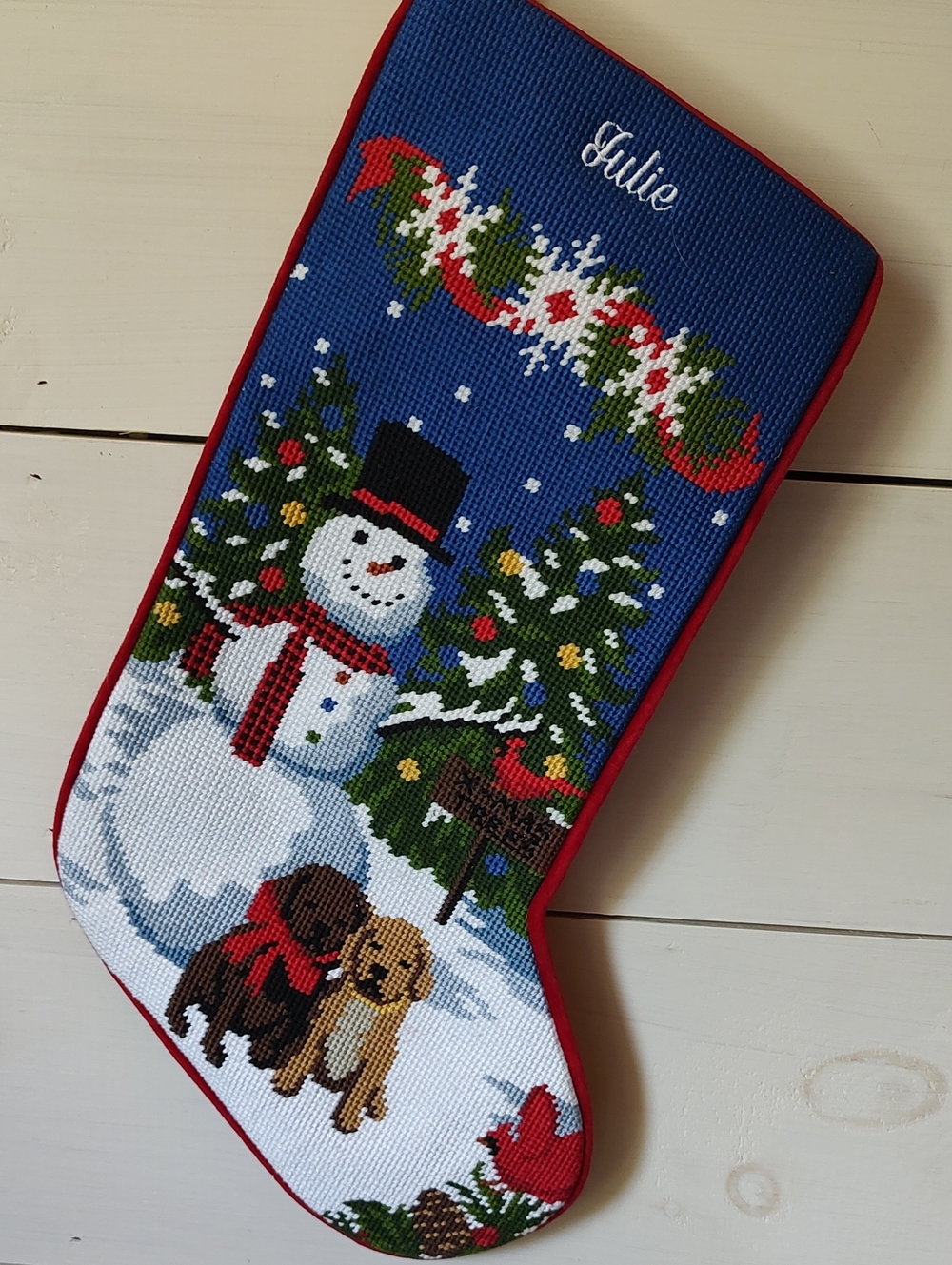 Personalized (Julie) Needlepoint Holiday Stocking w/ Red Trim & Velour Backing